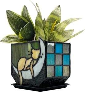 Tiffany Stained Glass Fun Moon Sleeping Cat Planter