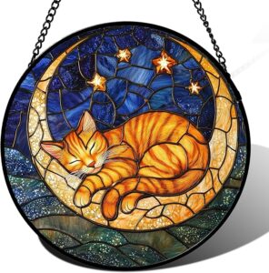 Stained Glass Window Hanging - Orange Moon Sleeping Cat Sun Catcher