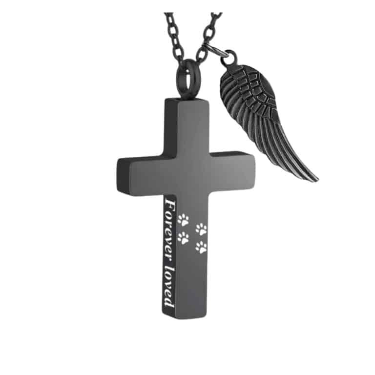 Forever Loved Pawprint Memorial Cross Urn Necklace – Black