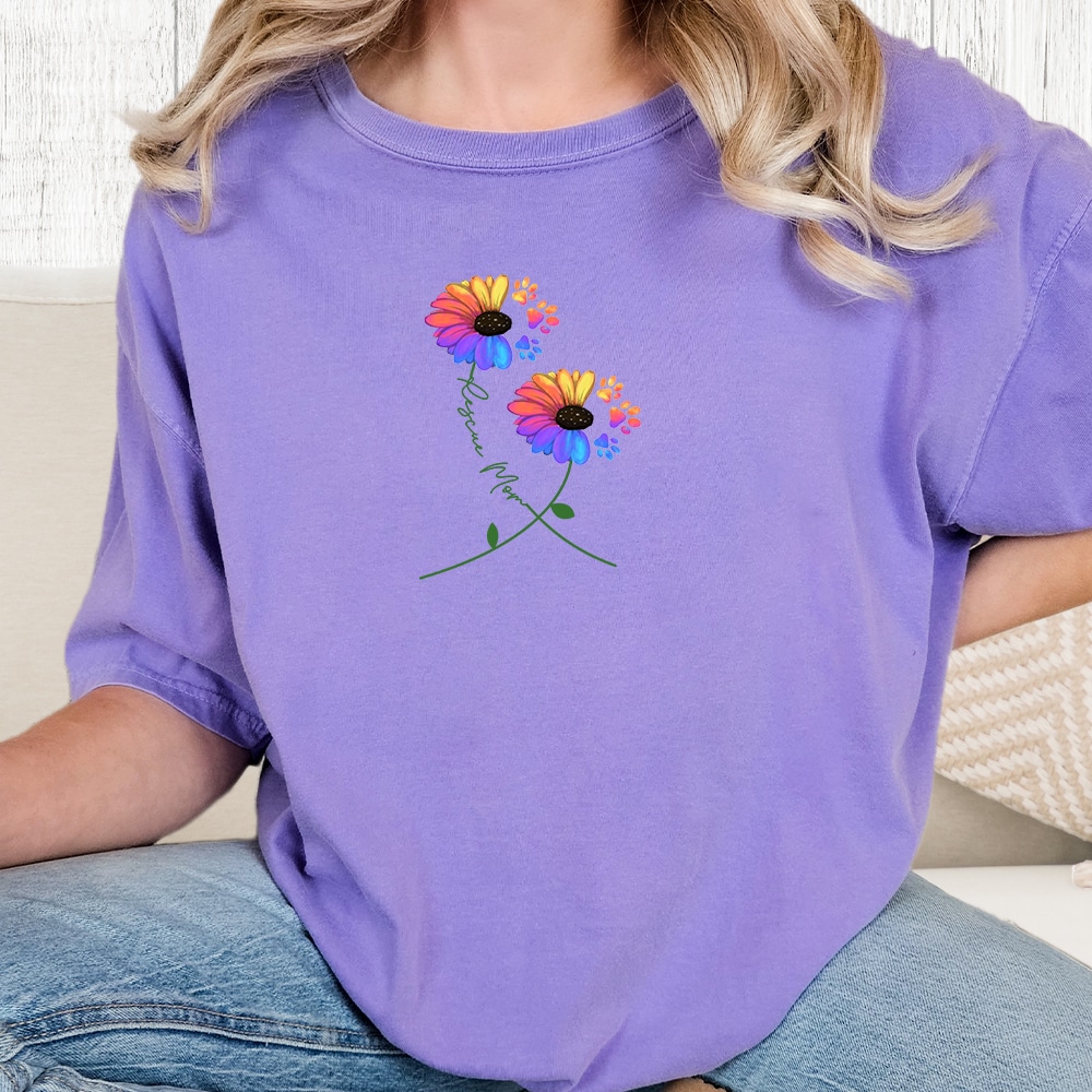 Comfort Colors Rescue Mom Flowers Vintage Washed Tee - Purple