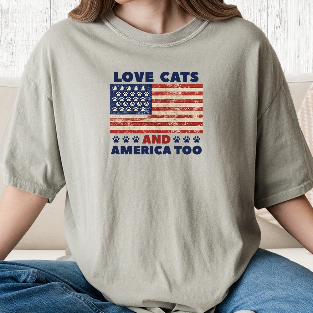 Comfort Colors Love Cats And America Too Vintage Washed Tee - Sandstone