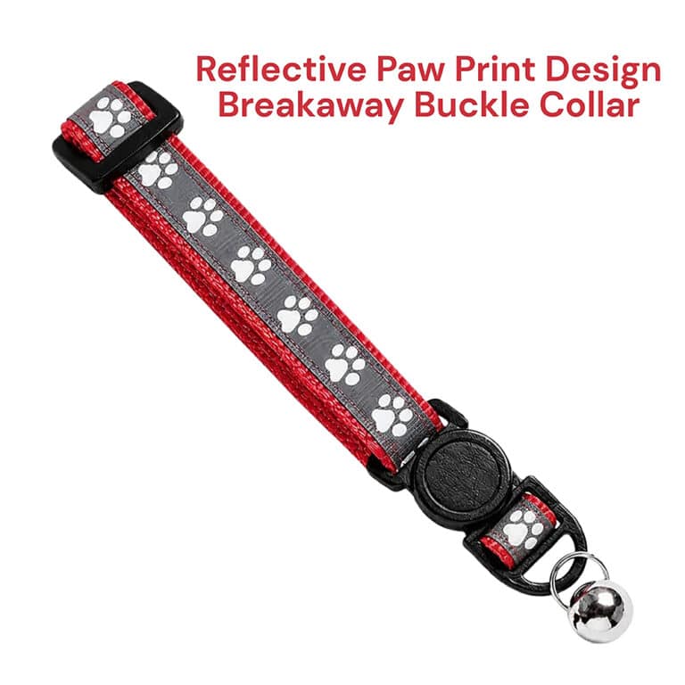 Cat Reflective Red Pawprint Collar with Bell - Anti-Asphyxiation Safety Buckle