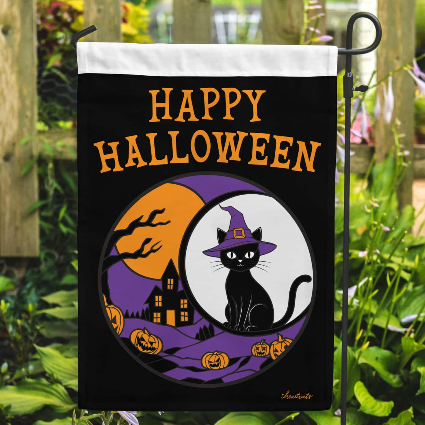 Happy Halloween Witchy Cat Garden Flag- Outdoor Yard Decor- Helps Feed Hungry Shelter Cats in Need
