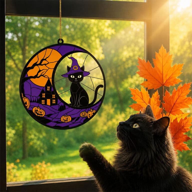 Halloween Black Cat Witch Hat & Haunted House – Handcrafted Acrylic Cat Window Ornament- Helps Feed Hungry Shelter Cats in Need