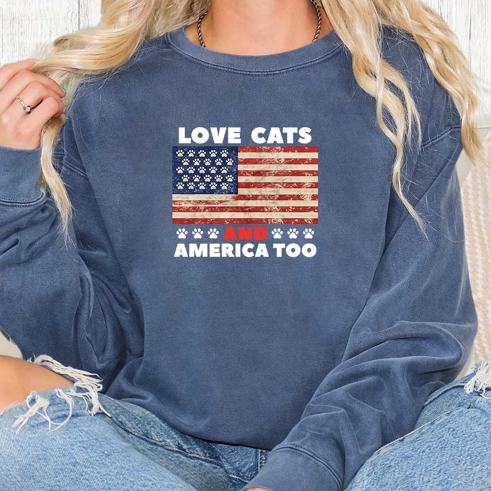 Comfort Colors Love Cats And America Too Premium Sweatshirt - Denim