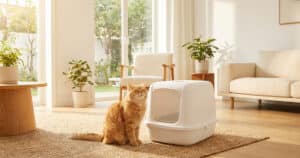 Cat sitting beside a clean litter box in a bright modern home