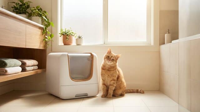 Cat sitting next to a clean litter box