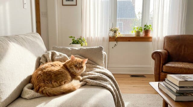 Happy cat lounging in a fresh clean home