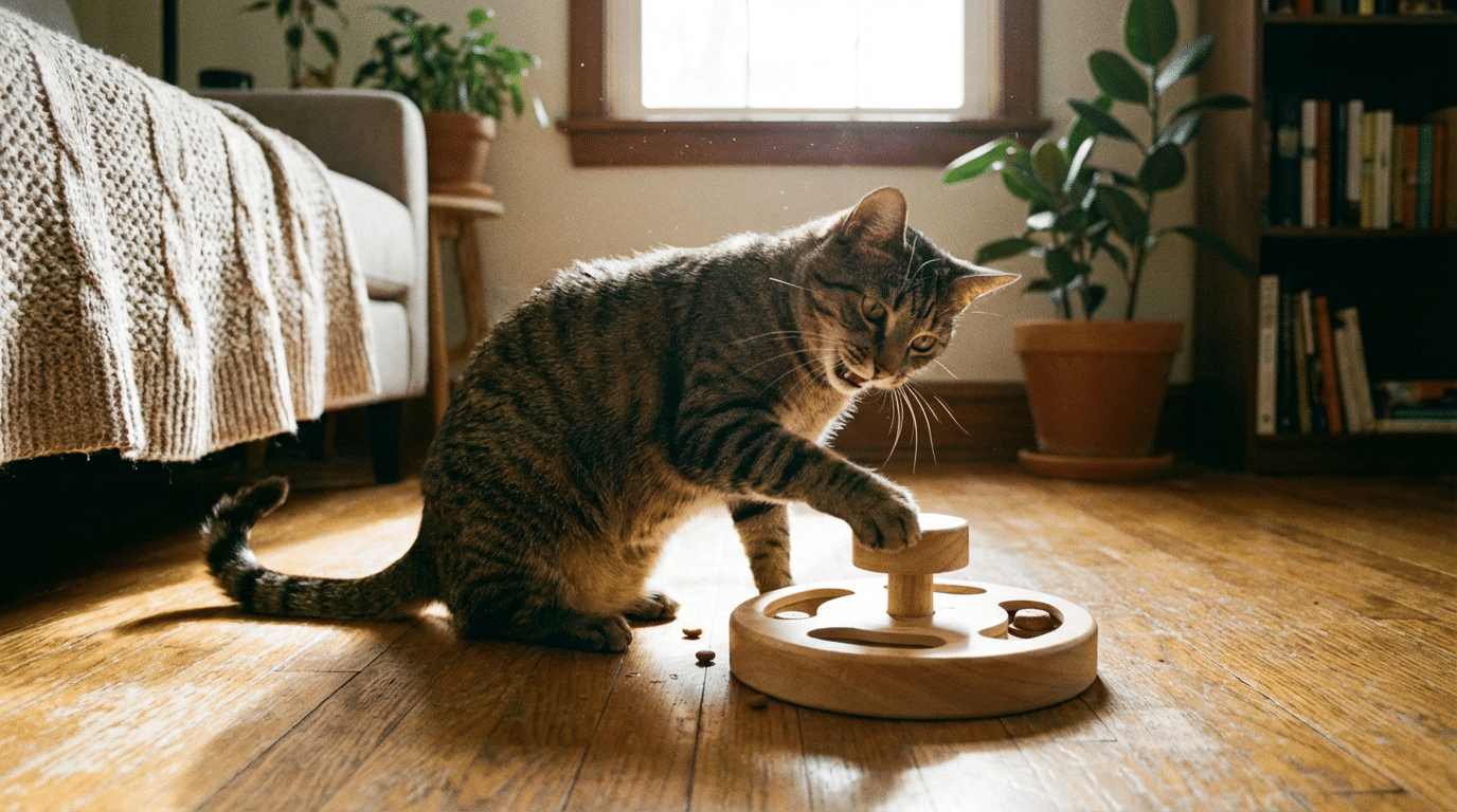 Happy tabby cat pawing at an interactive treat-dispensing puzzle toy on a wooden floor