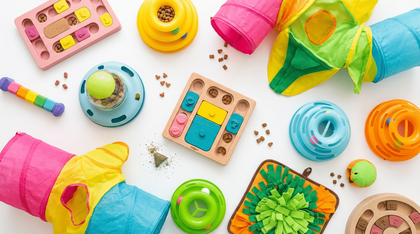 Collection of colorful cat puzzle toys and interactive feeders arranged on a white surface