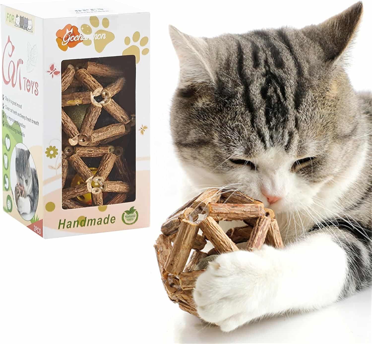 Gochanmon Catnip Toys-2Pcs Natural Silvervine Stick Catnip Ball&Bell Ball-Cat Toys for Indoor Cats