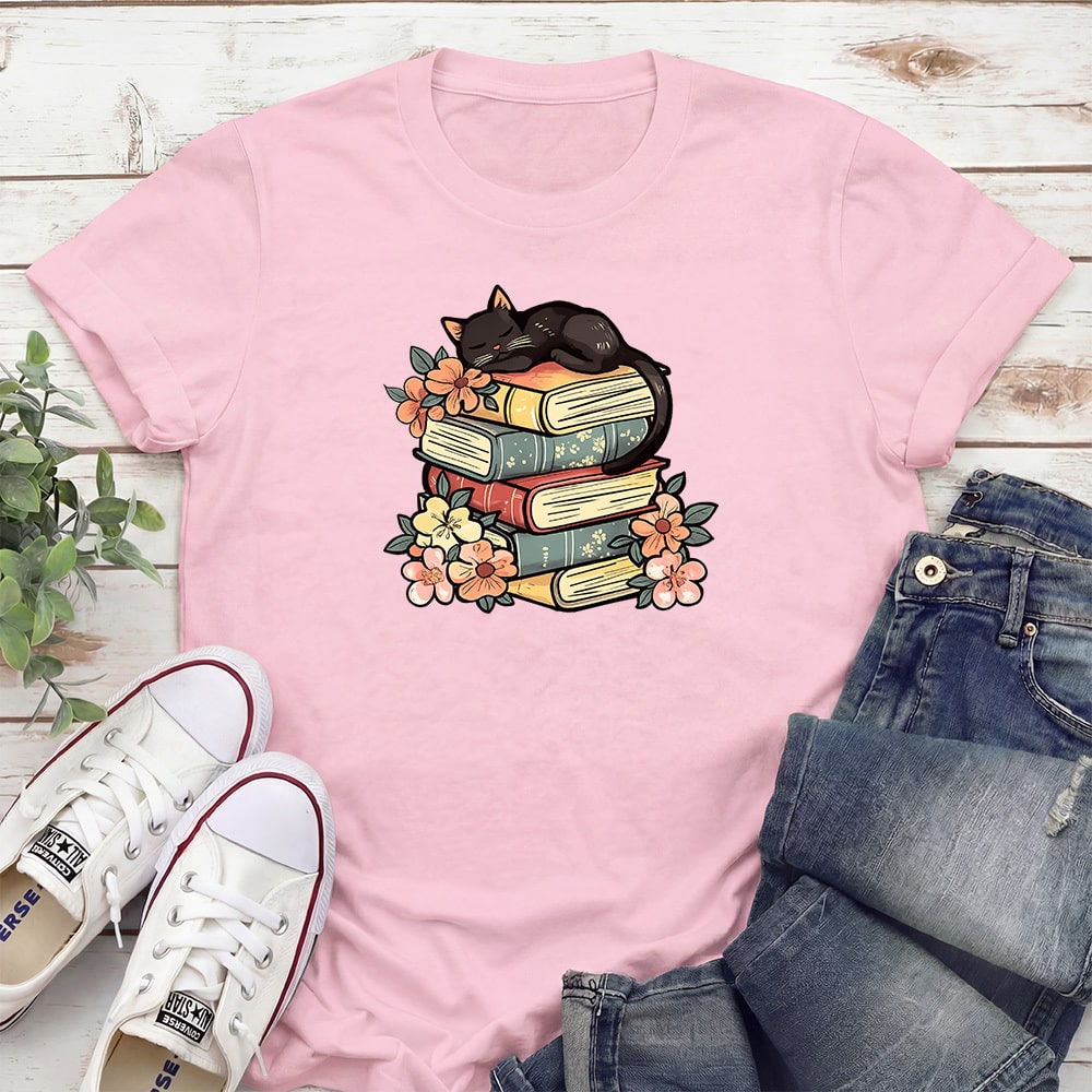 Cozy Reader Kitty Standard Tee Light Pink