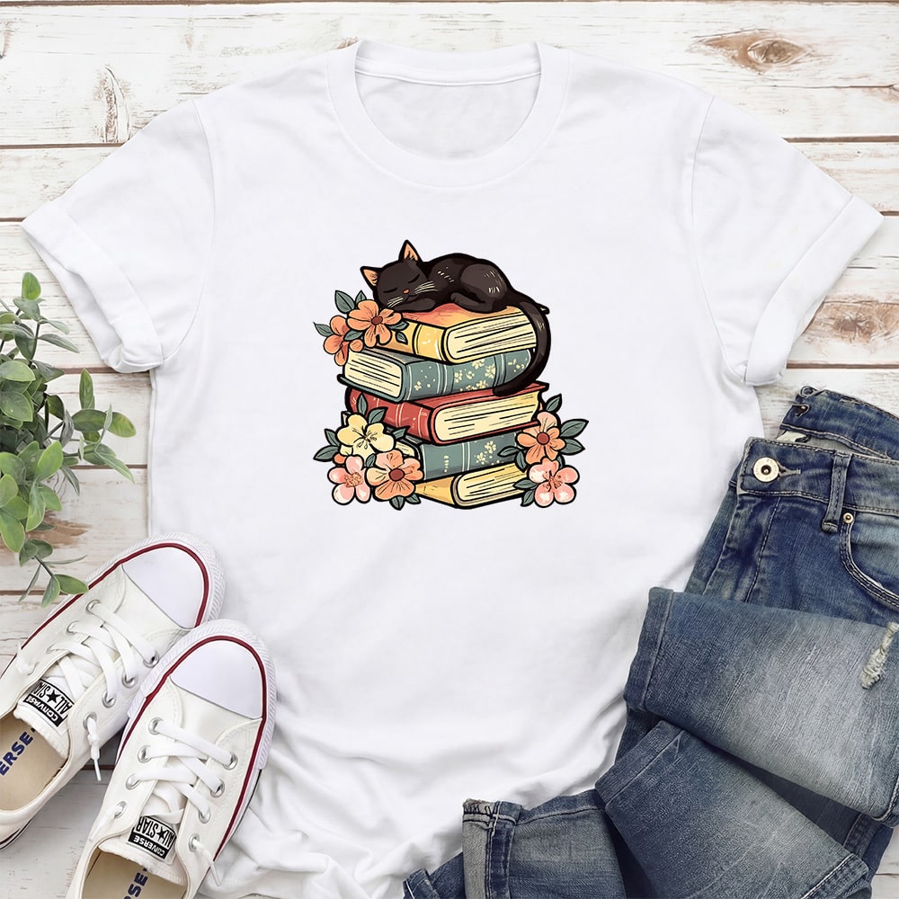 Cozy Reader Kitty Standard Tee White