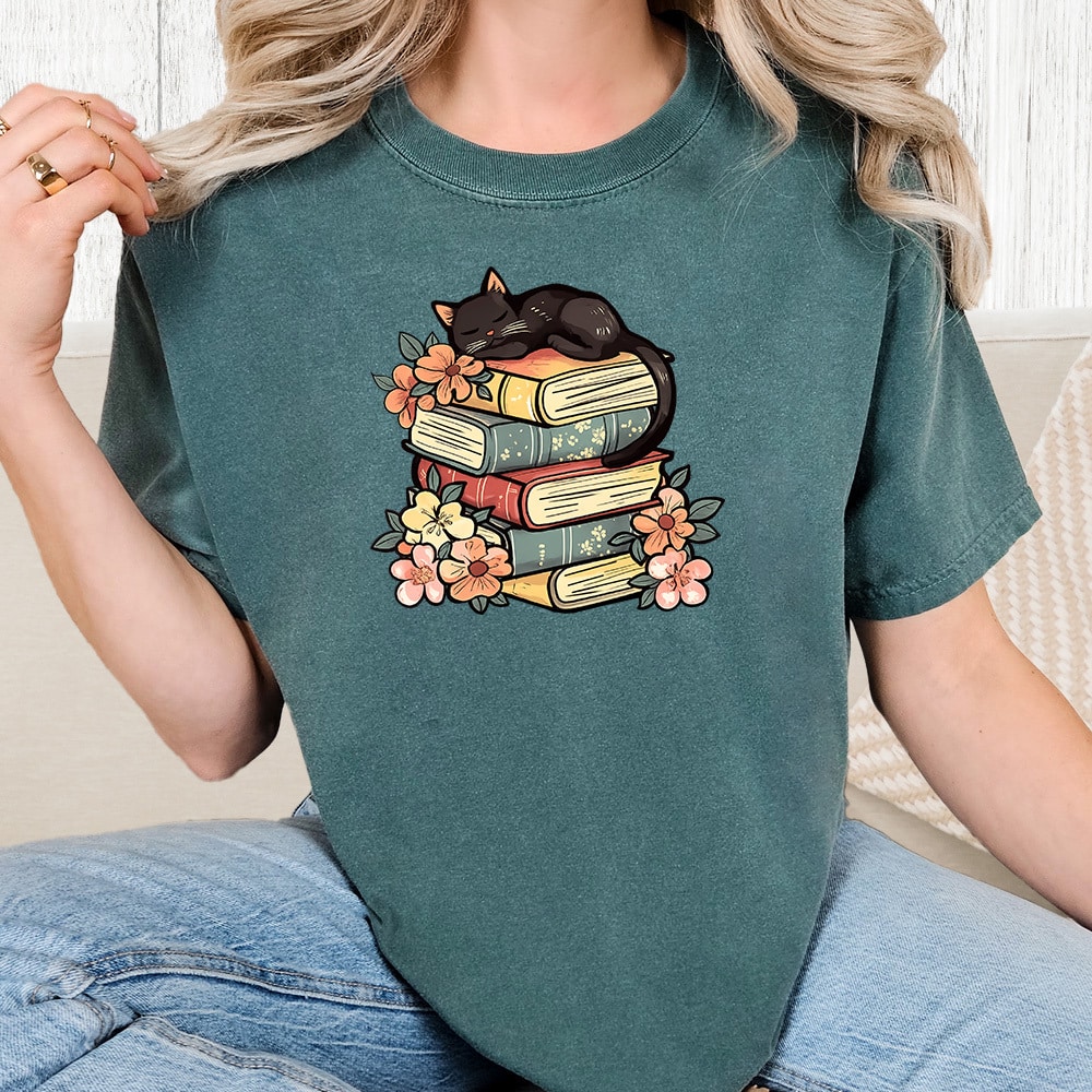 Comfort Colors Cozy Reader Kitty Vintage Washed Tee - Blue Spruce