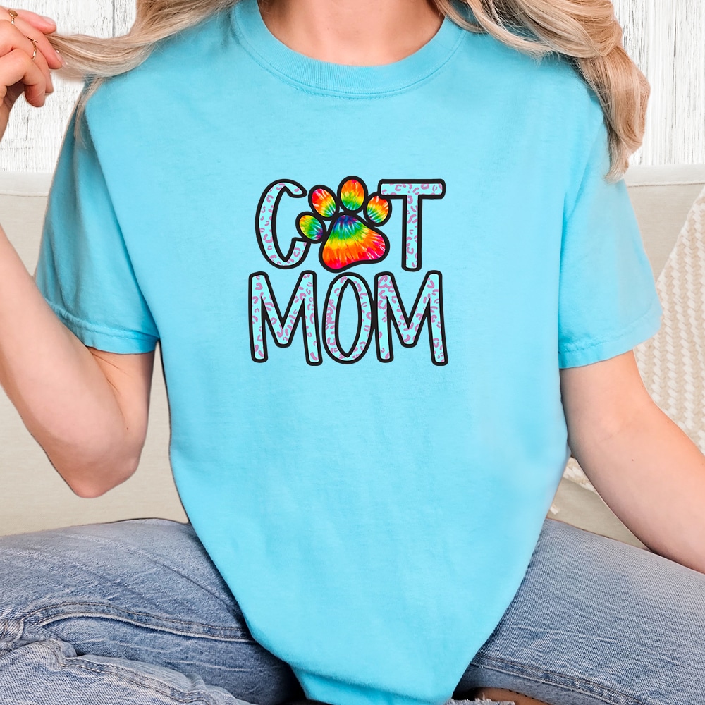 Comfort Colors Groovy Cat Mom Vintage Washed Tee - Blue Lagoon