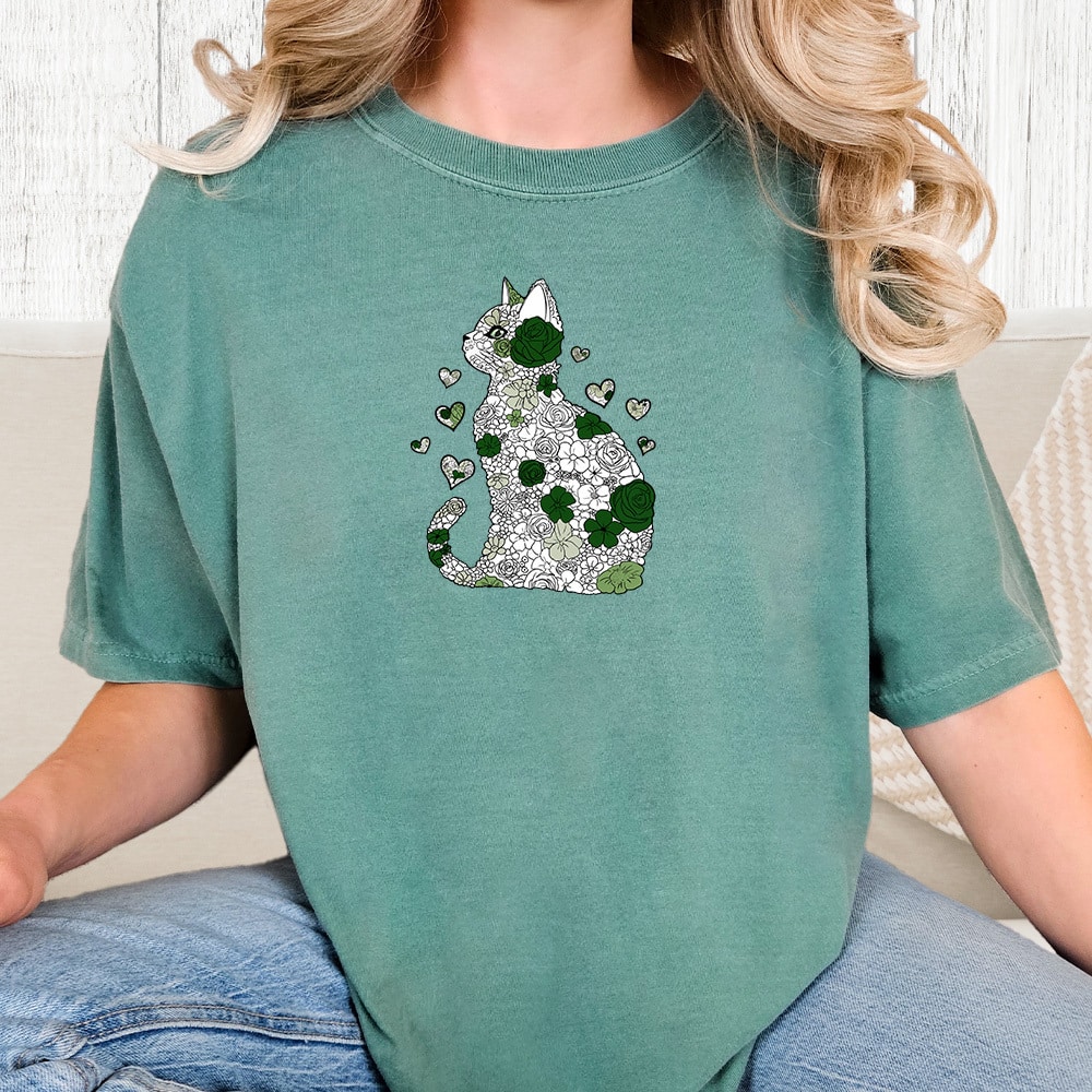 Comfort Colors Blooming Cat Love Vintage Washed Tee - Seafoam