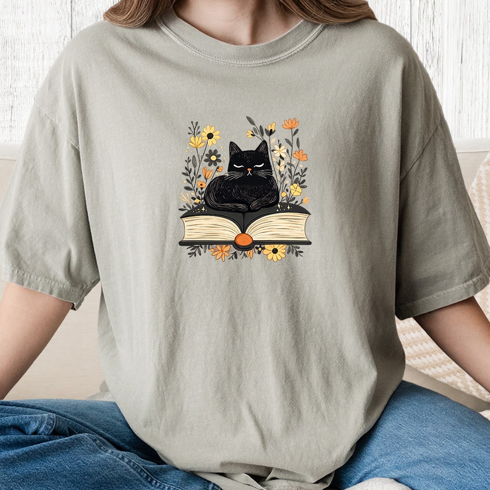 Comfort Colors Book Lover Cat Vintage Washed Tee - Sandstone