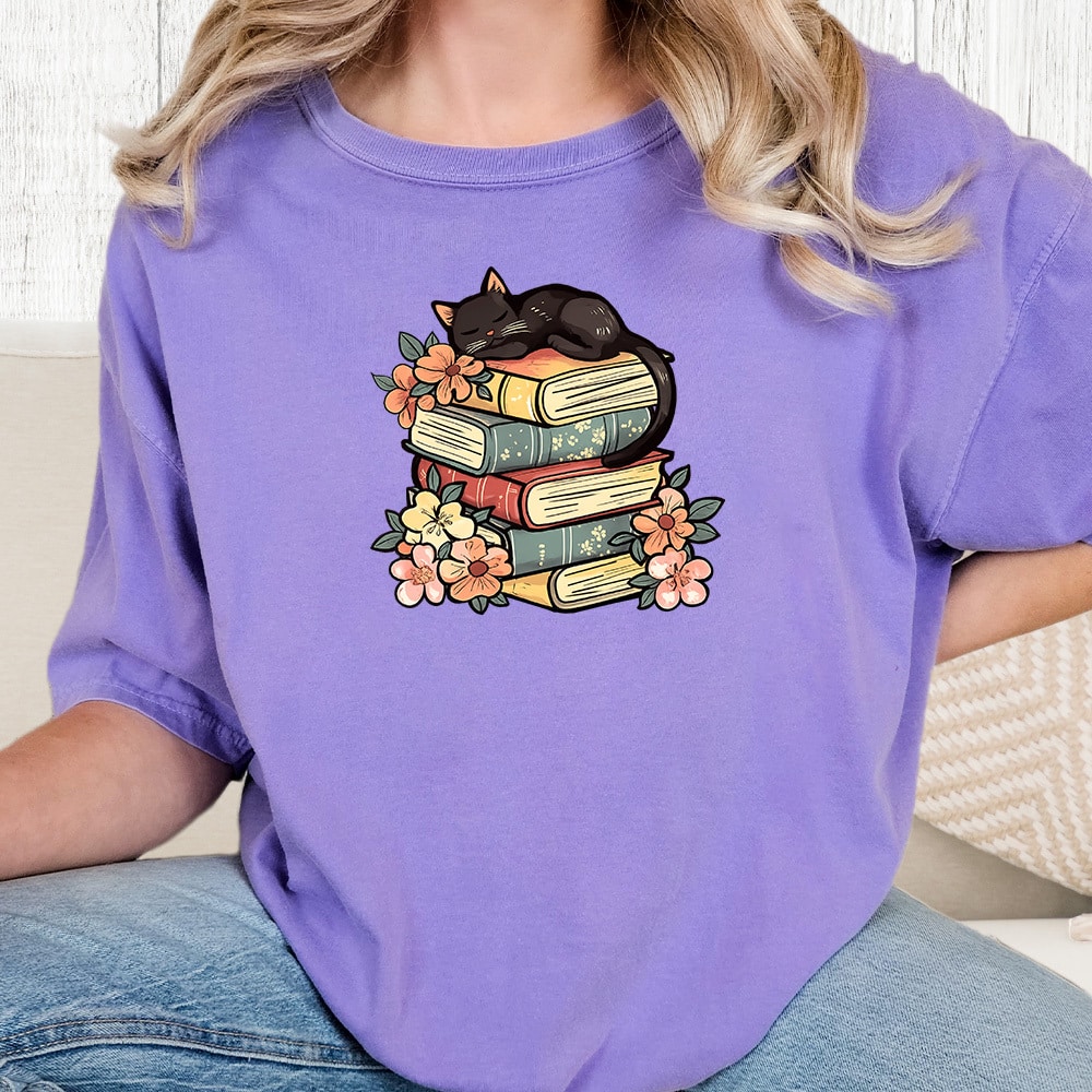 Comfort Colors Cozy Reader Kitty Vintage Washed Tee - Violet