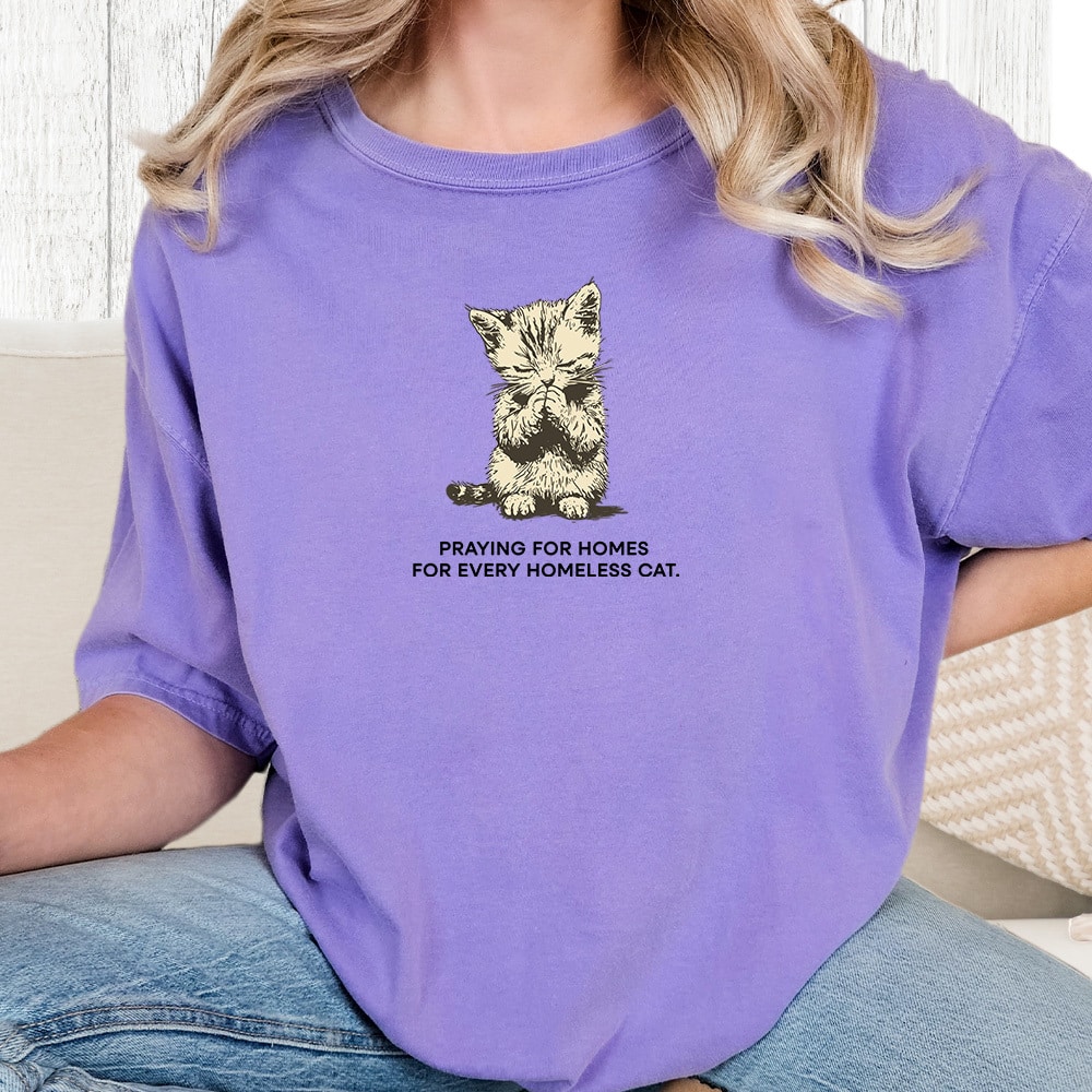Comfort Colors Praying For Homes For Every Homeless Cat Vintage Washed Tee - Violet