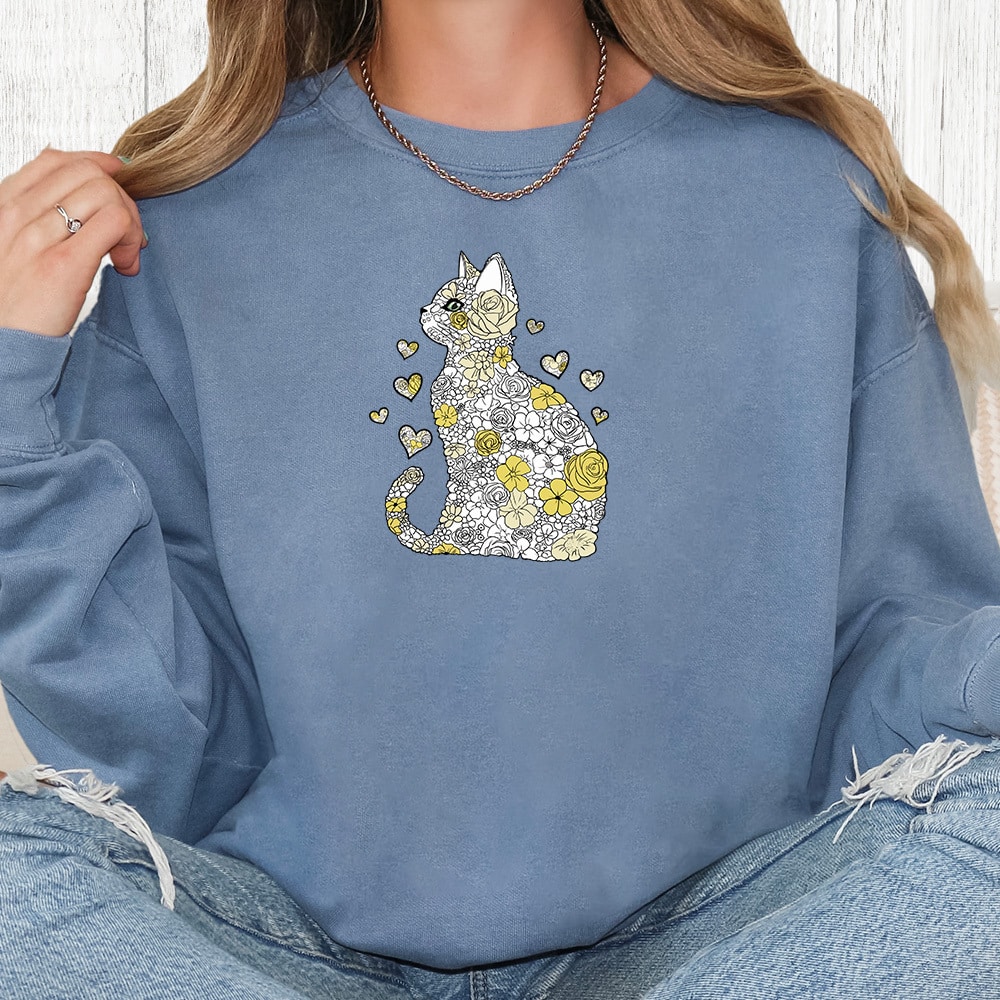 Comfort Colors Blooming Cat Love Premium Sweatshirt - Blue Jean