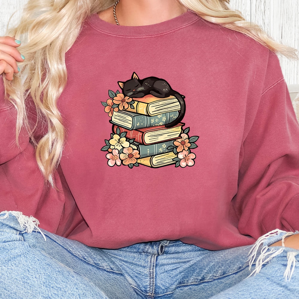 Comfort Colors Cozy Reader Kitty Premium Sweatshirt - Crimson