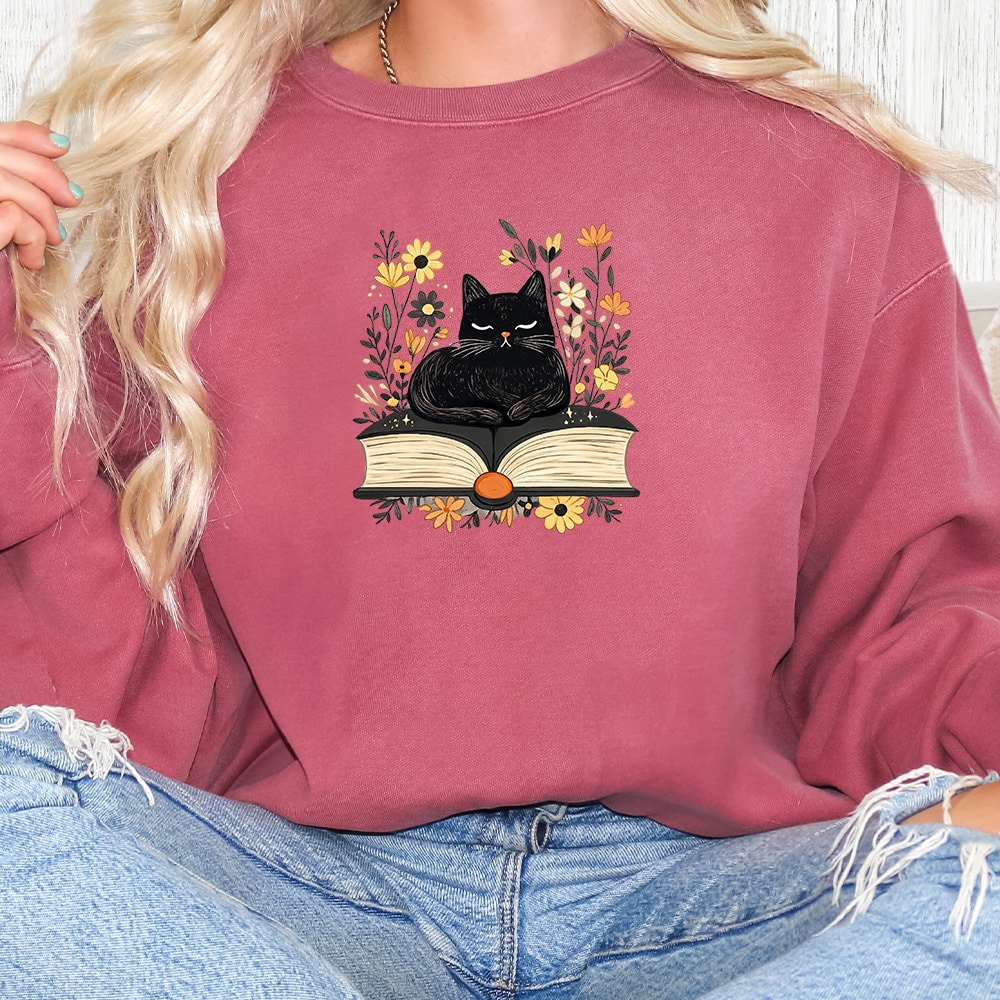 Comfort Colors Book Lover Cat Premium Sweatshirt - Crimson