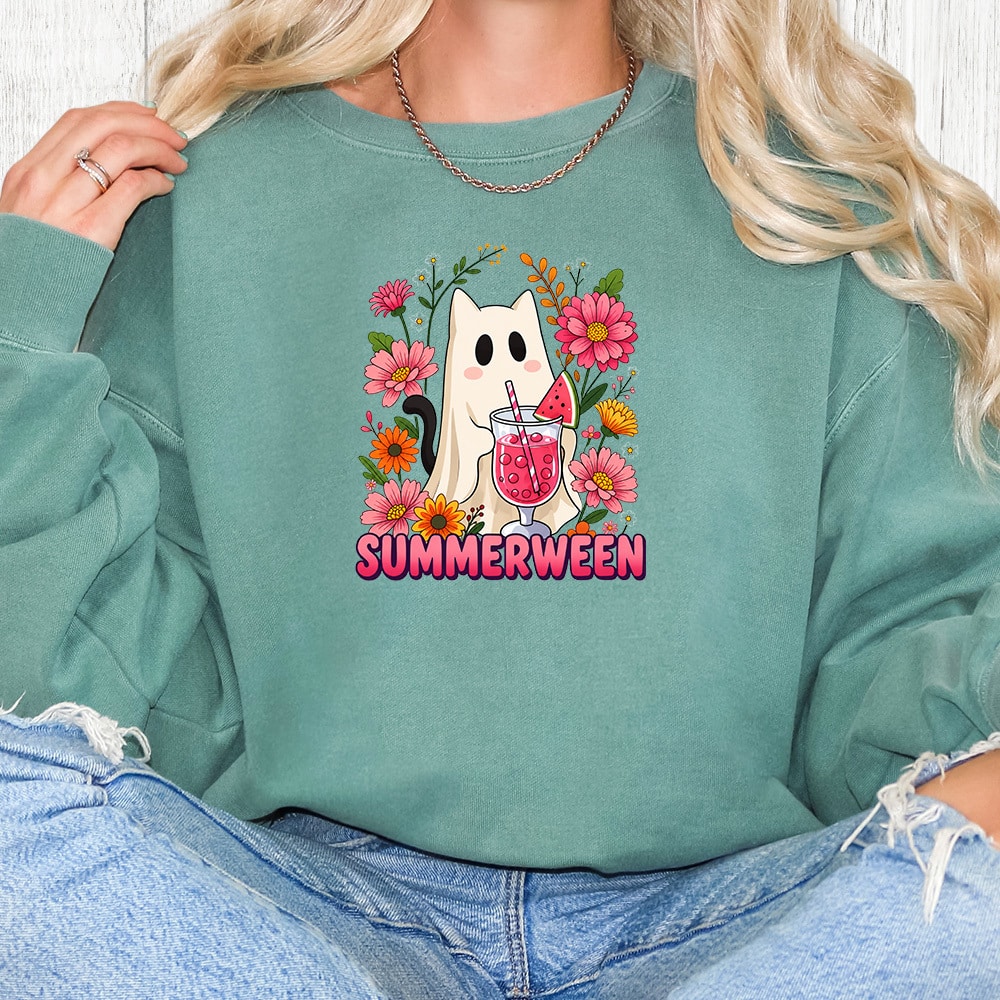 Comfort Colors Summerween Cat Premium Sweatshirt - Light Green
