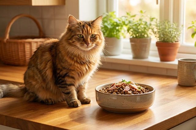 Tabby cat with premium cat food in a cozy kitchen setting