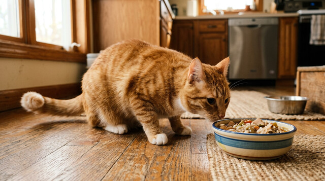 Curious cat sniffing a bowl of freshly prepared dehydrated cat food