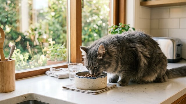 Cat enjoying a healthy meal from a ceramic bowl