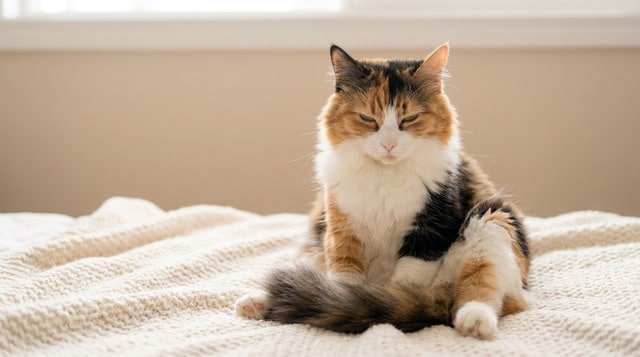 Calico cat relaxing on a soft blanket indoors