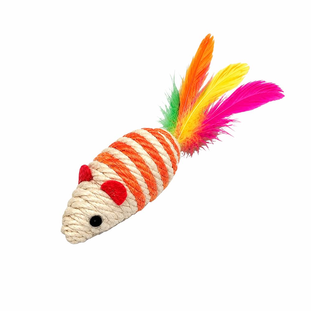 Scratching Mouse Cat Toy Cat Nip & Colorful Feathers- Orange