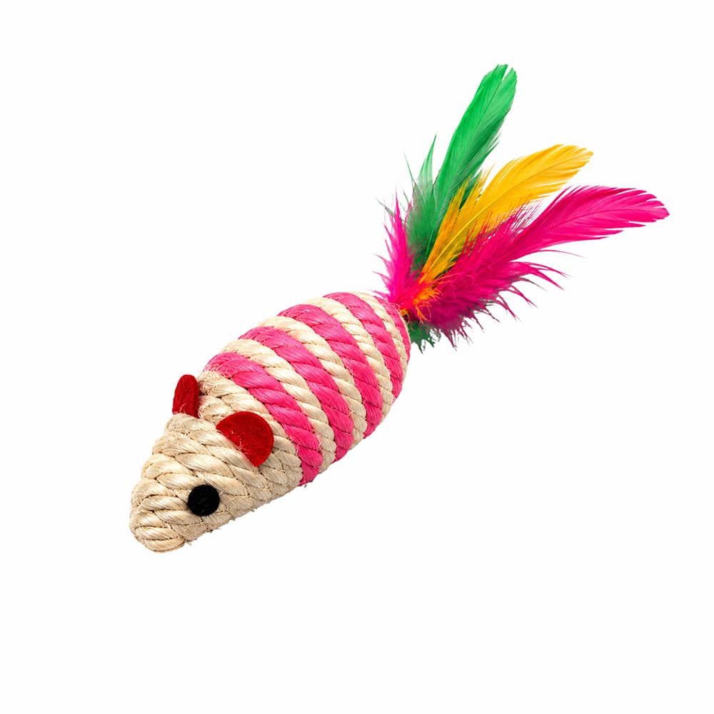 Scratching Mouse Cat Toy Cat Nip & Colorful Feathers- Pink