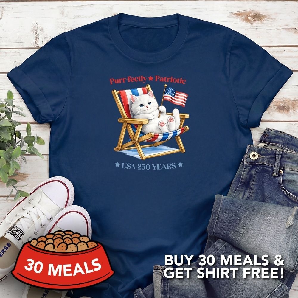 Fund 30 Meals for $16.00 and Get A Free - 250 Years Purrfectly Patriotic Standard Tee Navy