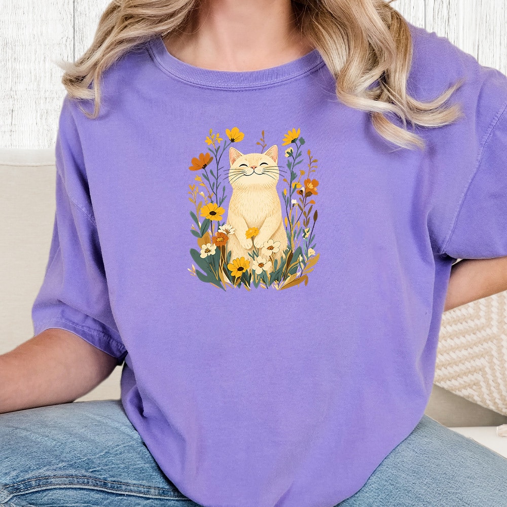 Comfort Colors Spring Flowers Kitty Vintage Washed Tee - Violet