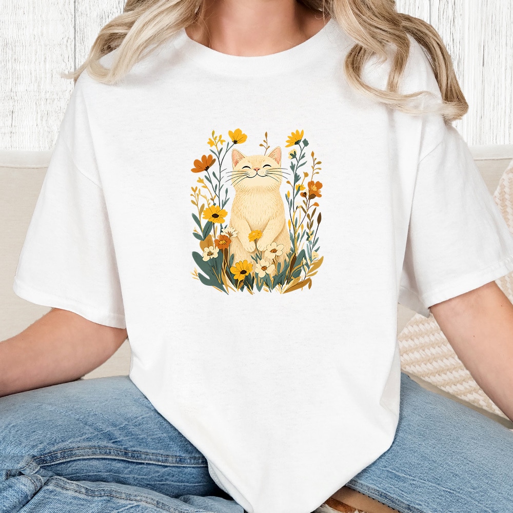 Comfort Colors Spring Flowers Kitty Vintage Washed Tee - White