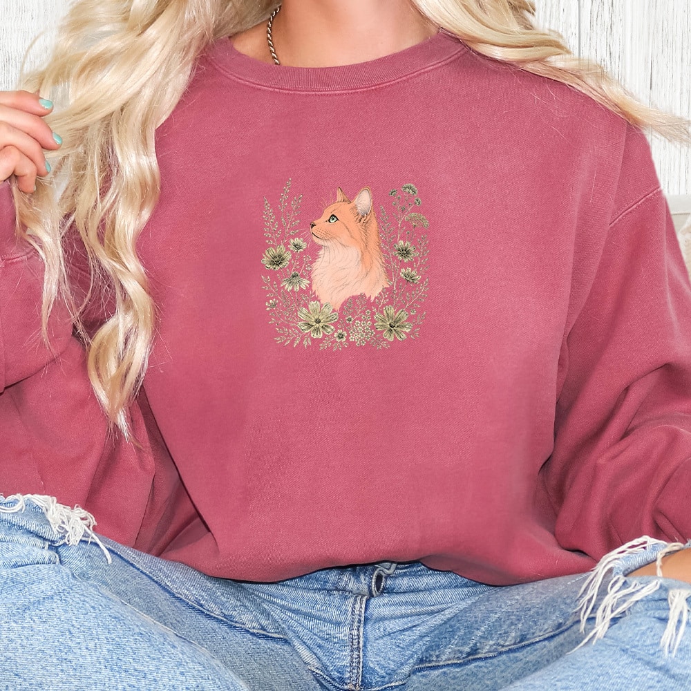 Comfort Colors Wildflower Cat Premium Sweatshirt - Crimson