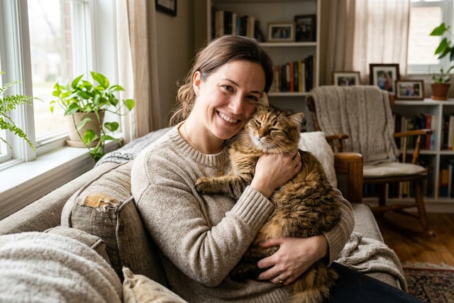 Woman gently hugging a relaxed tabby cat on a couch