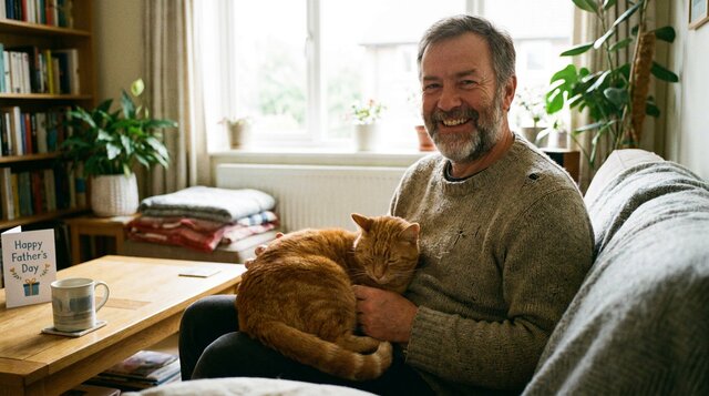Man relaxing on the couch with his cat on Fathers Day