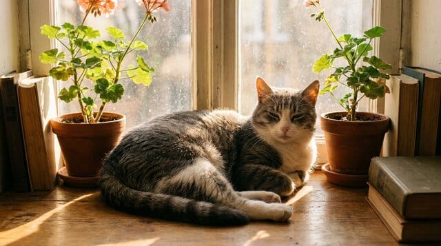 Gray and white cat relaxing on a sunny windowsill, healthy and content