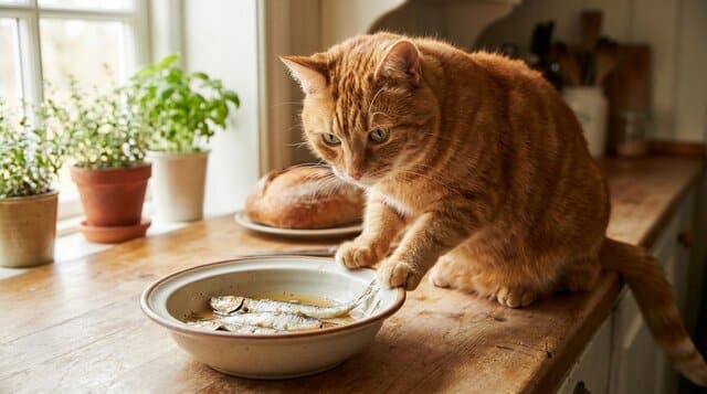 Orange tabby cat sitting by a bowl of fish, representing omega-3 nutrition for cats