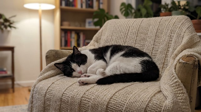Tuxedo cat curled up on a cozy blanket looking content and relaxed