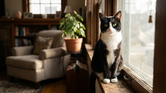Tuxedo cat sitting on a sunny windowsill with curious expression