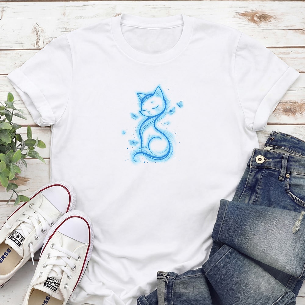 Magical Cat & Butterflies Standard Tee White With Blue