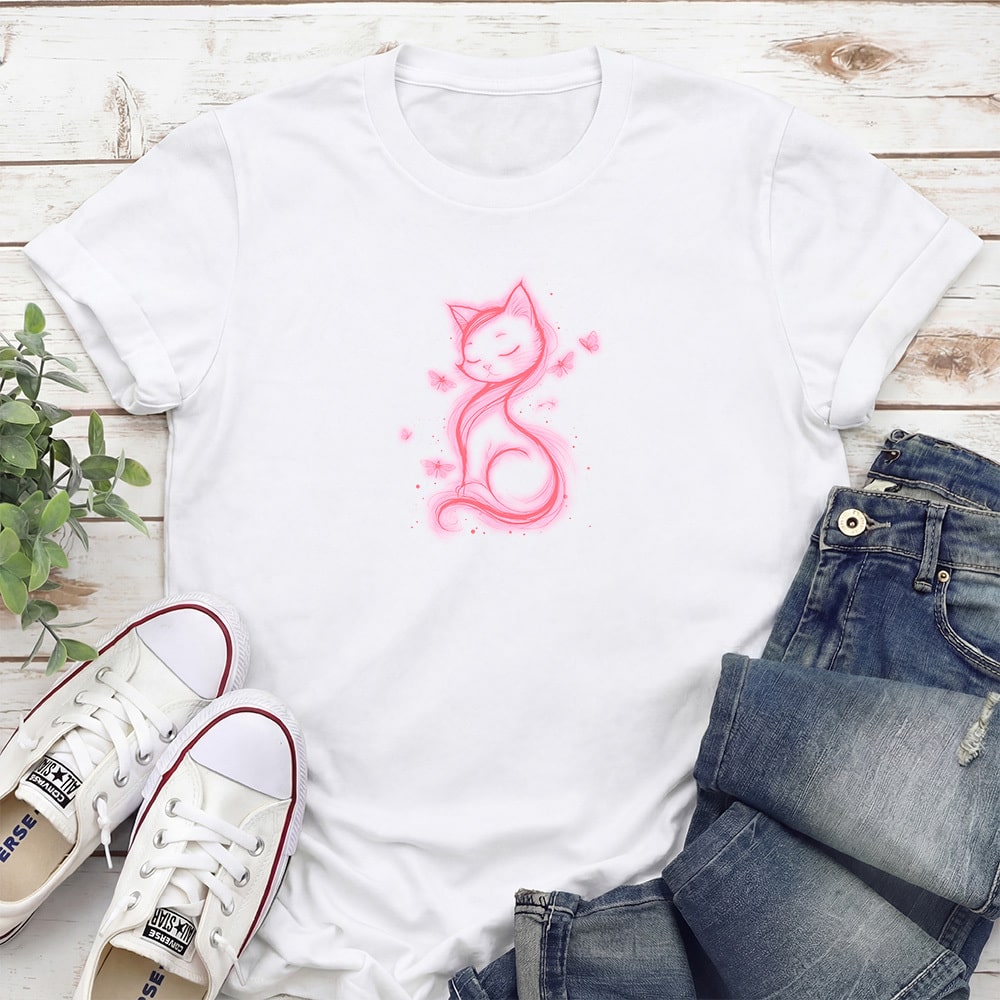 Magical Cat & Butterflies Standard Tee White With Pink