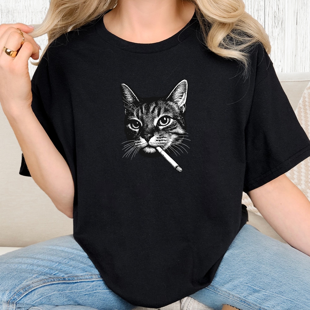Comfort Colors Cat Smoke Portrait Vintage Washed Tee - Black