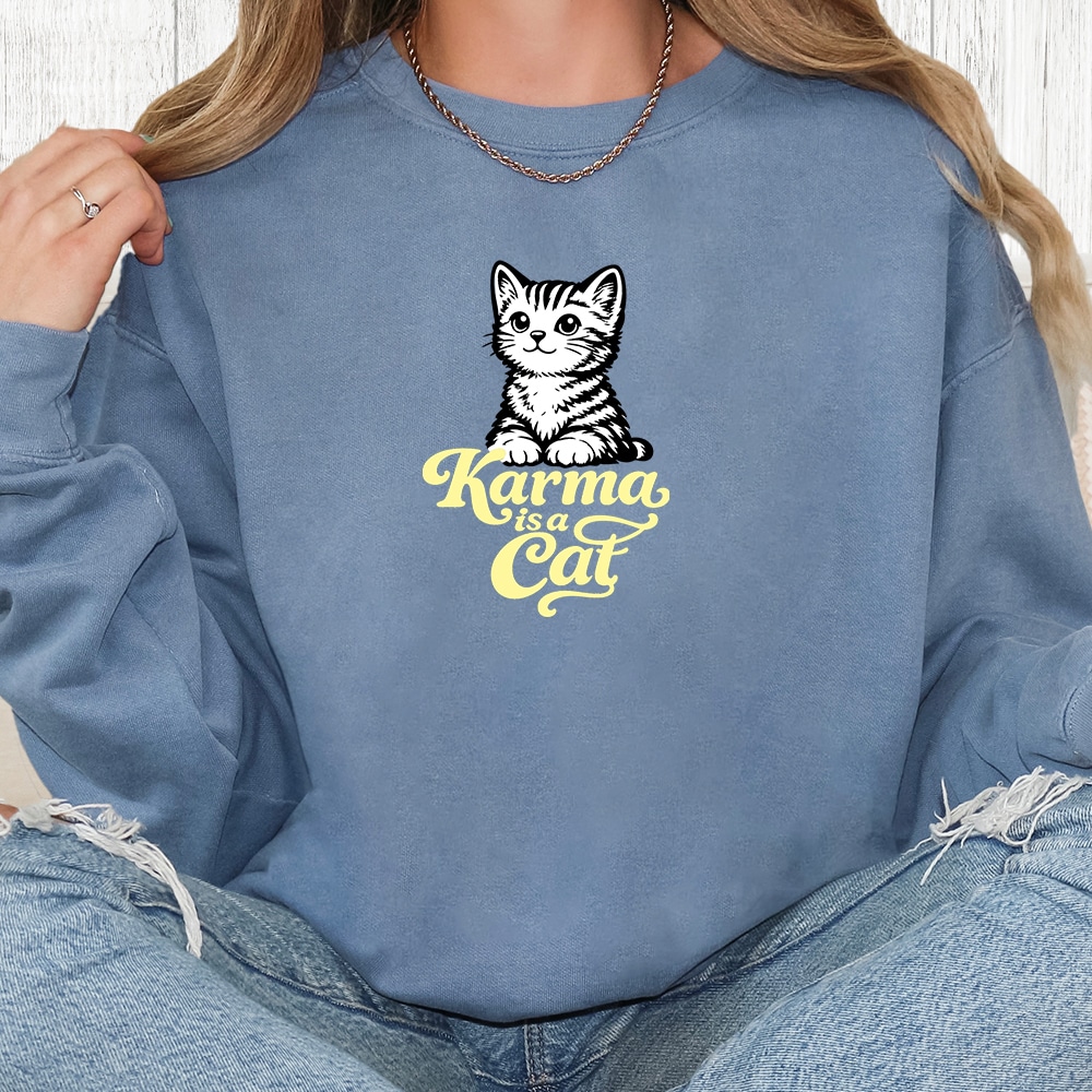 Comfort Colors Karma Is A Cat Premium Sweatshirt - Blue Jean
