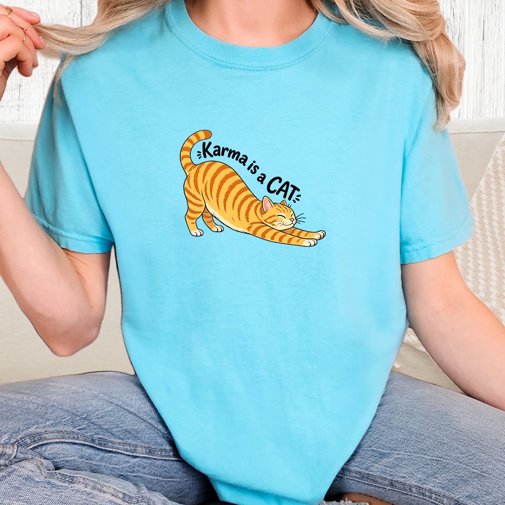 Comfort Colors Karma Is A Cat Stretch Vintage Washed Tee - Lagoon Blue