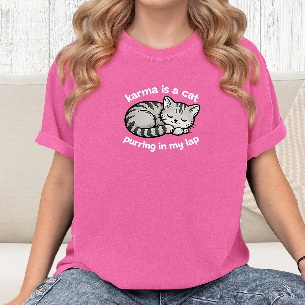 Comfort Colors Karma Is A Cat Purring In My Lap Vintage Washed Tee - Crunchberry