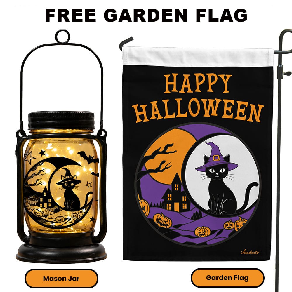 FREE Halloween Cat Garden Flag with Purchase of Holiday Celebration Mason Jar Lantern Solar Light